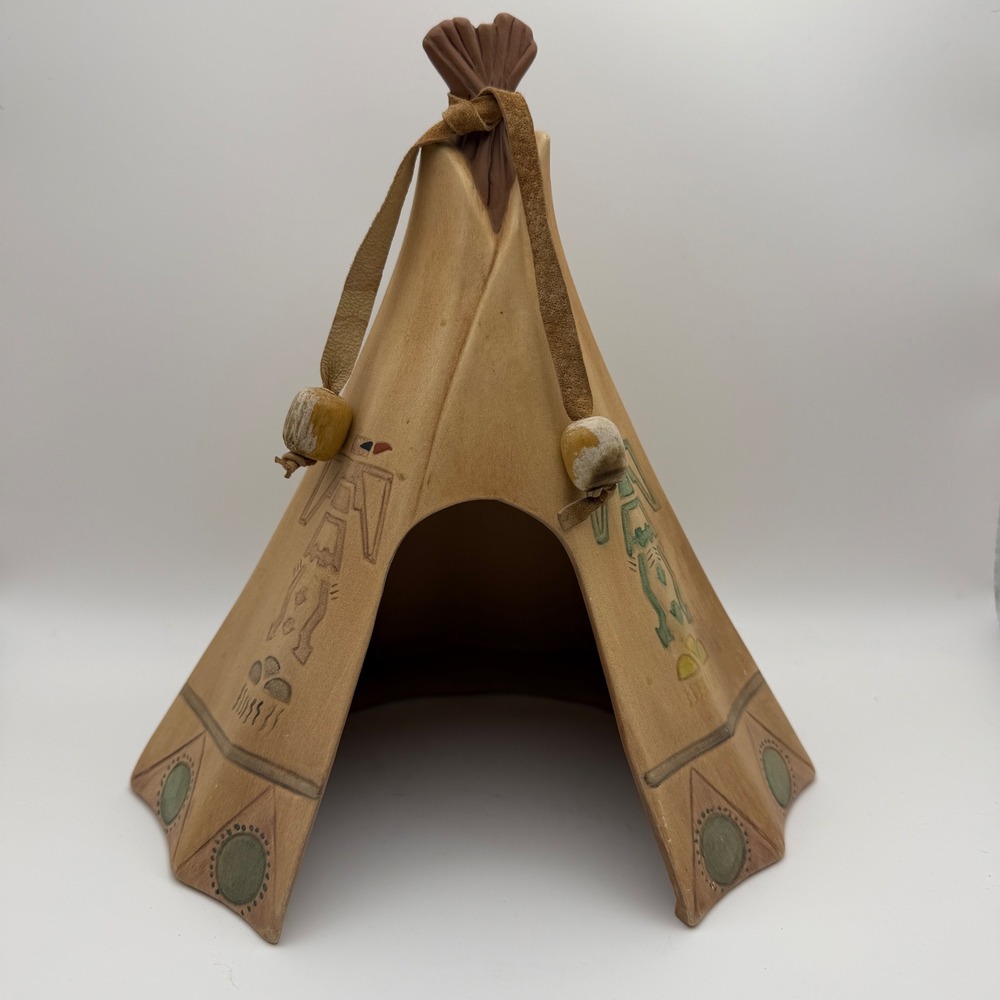 Hand Painted Ceramic Teepee Sculpture‎ Thunderbird Southwest Pottery Boho Native